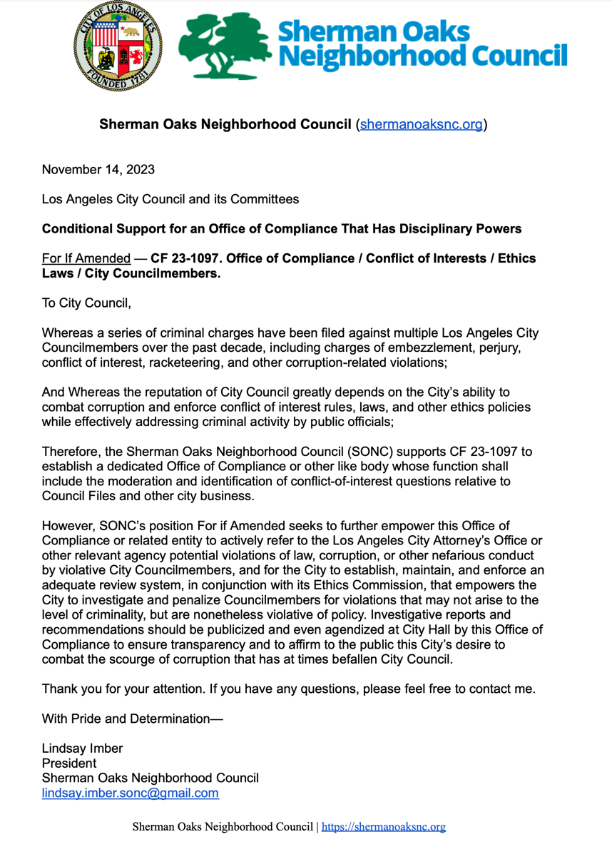 SONC Conditionally Supports Office of Compliance