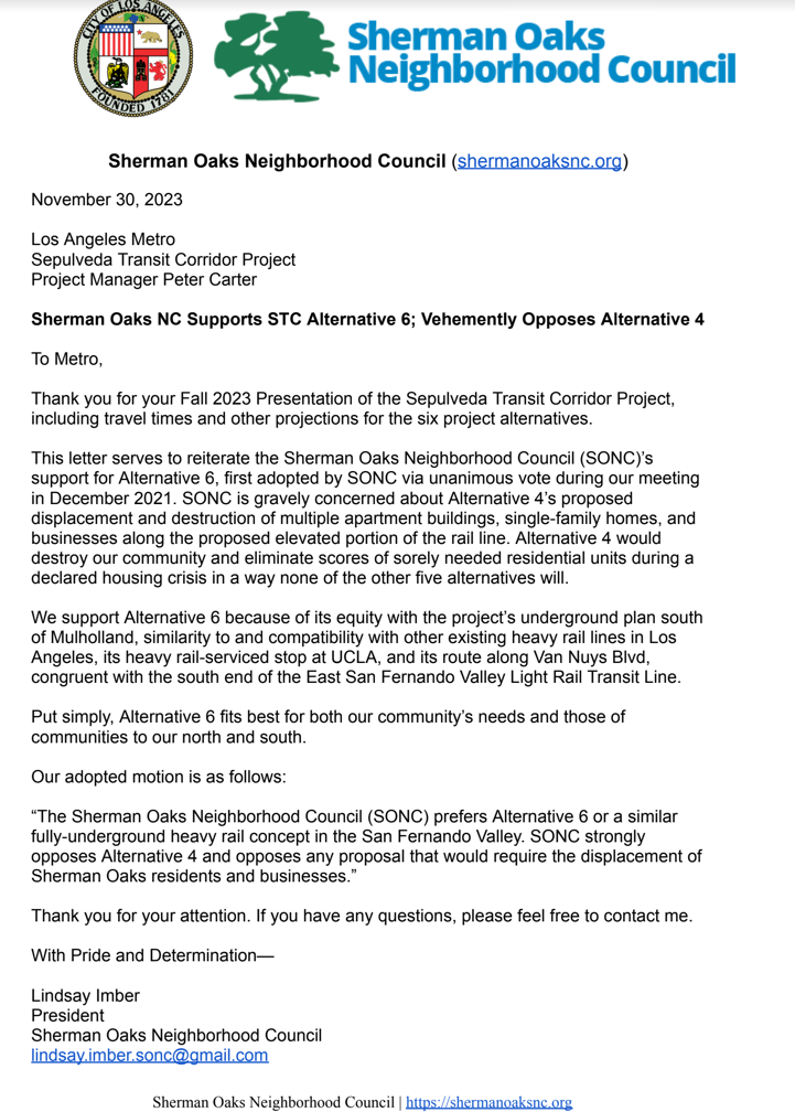 SONC Supports Sepulveda Transit Corridor Alternative 6
